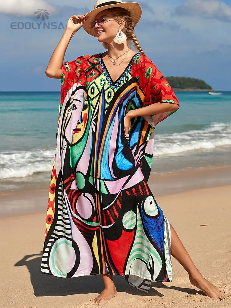 2023 Multicolored Kaftan Bohemian Printed V-Neck Batwing