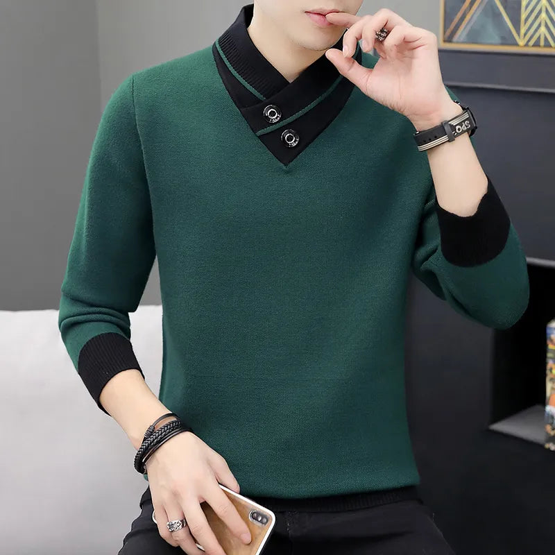 Men  Autumn V-Neck Pullover Sweater Men's Slim Fit Knitted Pullovers Men's