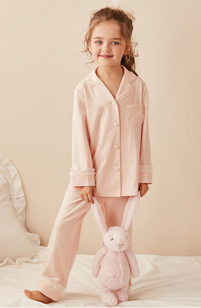 Children Girls Lolita Turndown Collar Pajama Sets.Long Sleeve Tops+Pant Toddler