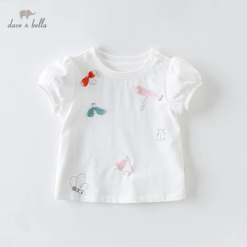 DB13960 Dave Bella Summer Baby Girls Bow Cartoon T-Shirt Children Short Tops