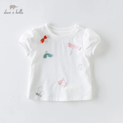 DB13960 Dave Bella Summer Baby Girls Bow Cartoon T-Shirt Children Short Tops