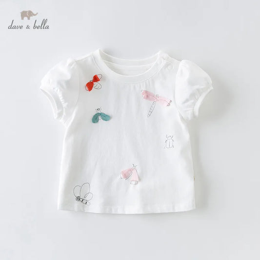 DB13960 Dave Bella Summer Baby Girls Bow Cartoon T-Shirt Children Short Tops