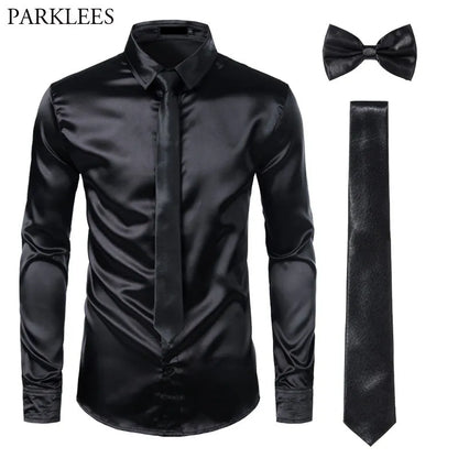 Black Mens Silk Dress Shirts 3Pcs(Shirt +Tie+Bowtie) Smooth Satin Shirt