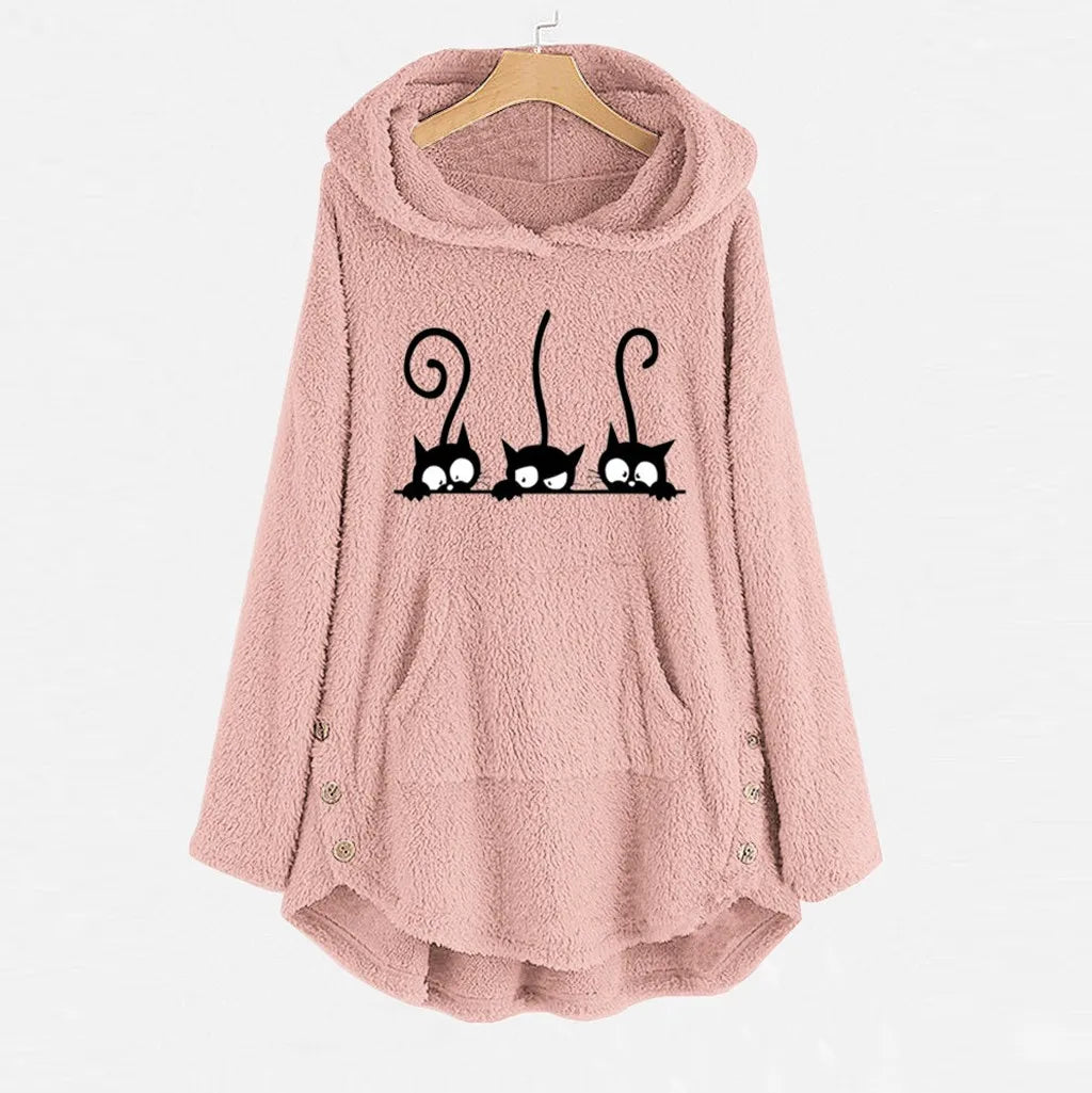 Cardigan Womens Fleece Cat Embroidery Plus Size Warm Oversized Hoodies