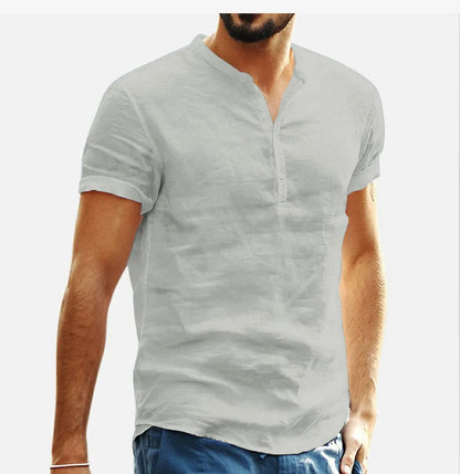 2024 New Men's Standing Collar Cotton Linen Short Sleeved Shirt