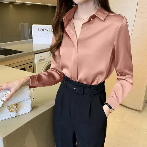 Satin Women's Shirt Long Sleeve Fashion Woman Blouse Female Shirts and Blouse