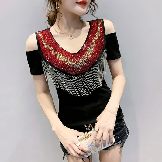 #5922 Black Off Shoulder T-Shirts for Women Tassels Sexy Tight Womens T Shirt