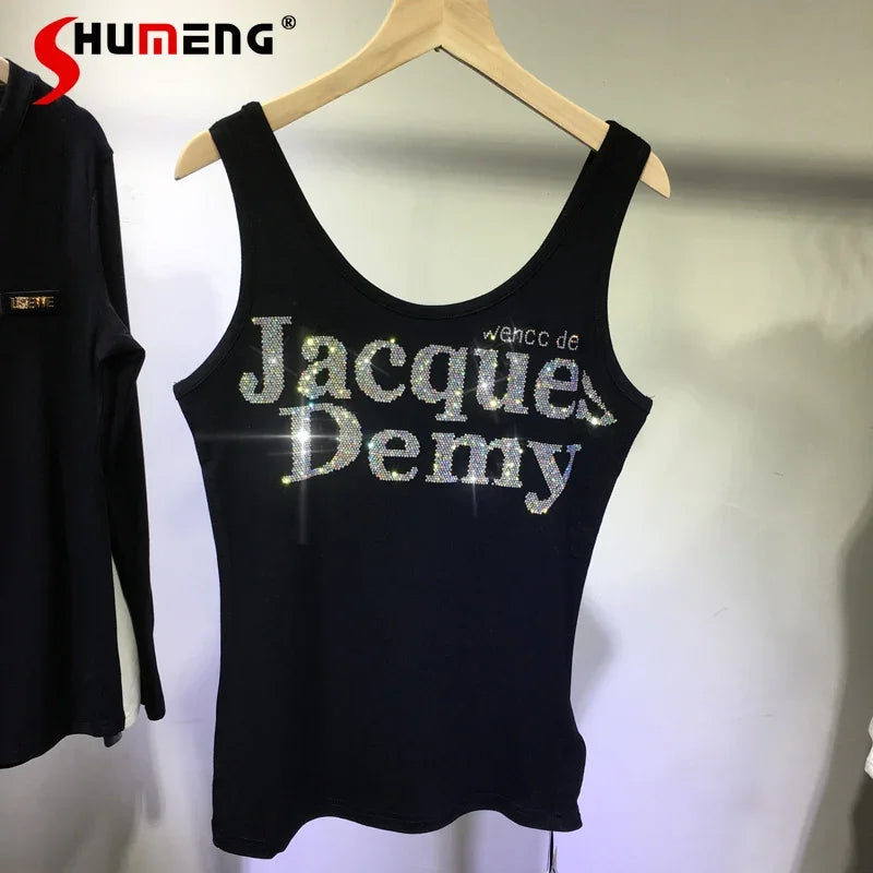 New Fashion Hot Drilling Vest Women's Thin Black Versatile Sling Basic Short