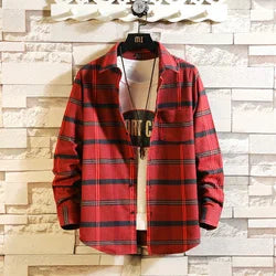 Casual Plaid Shirt Vintage Spliced Mens Shirts Turn-Down Collar Long Sleeve