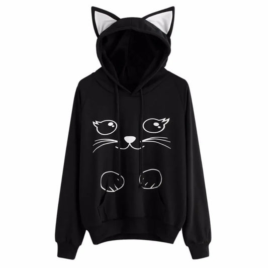 Women Cat Ear Loose Long Sleeve Hooded Pullover Sweatshirt Coat Print Cat