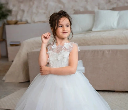 Ivory White Flower Girl Dress Tulle Puffy Detactable Tail Sticker for Wedding Cu