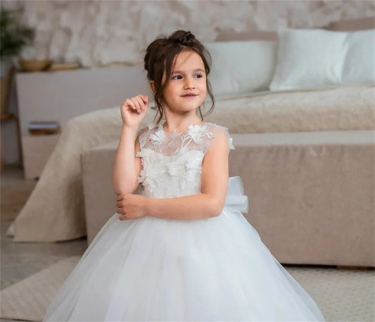 Ivory White Flower Girl Dress Tulle Puffy Detactable Tail Sticker for Wedding Cu