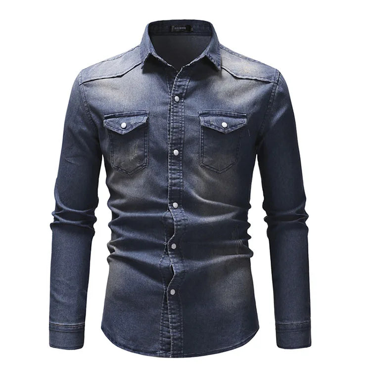 High Quality Long Sleeve Denim Shirt Men Spring Solid Color Cotton Jeans Shirt