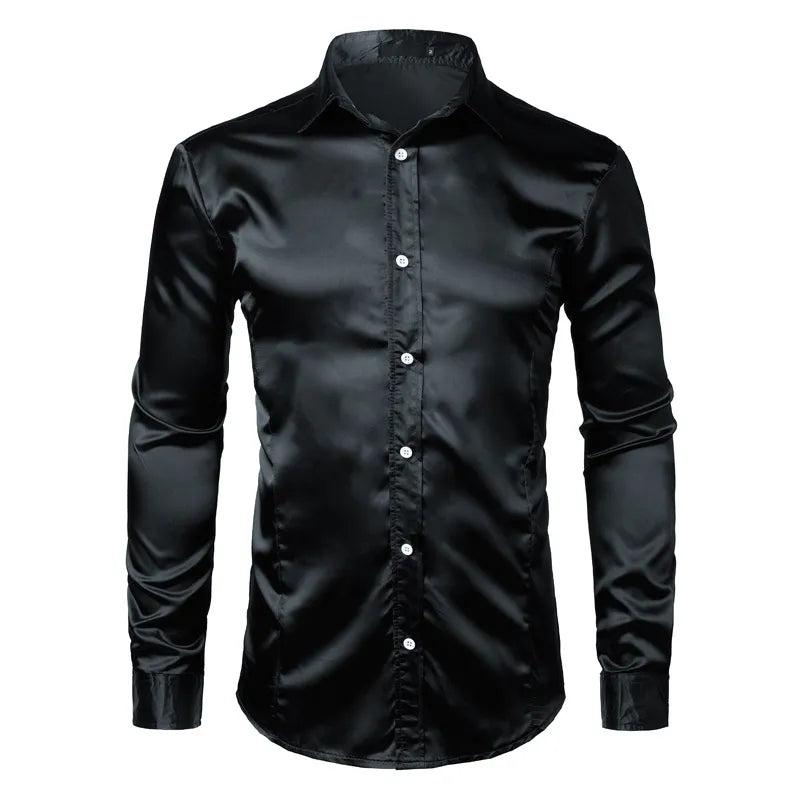 Men's Slim Fit Silk Satin Dress Shirts Wedding Groom Stage Prom Shirt