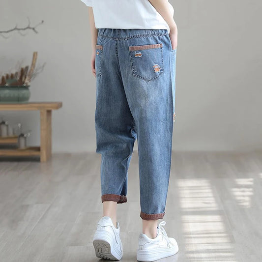 Ripped Hole Harem Jeans Streetwear Women's Korean Baggy Ankle-Length Denim Pants