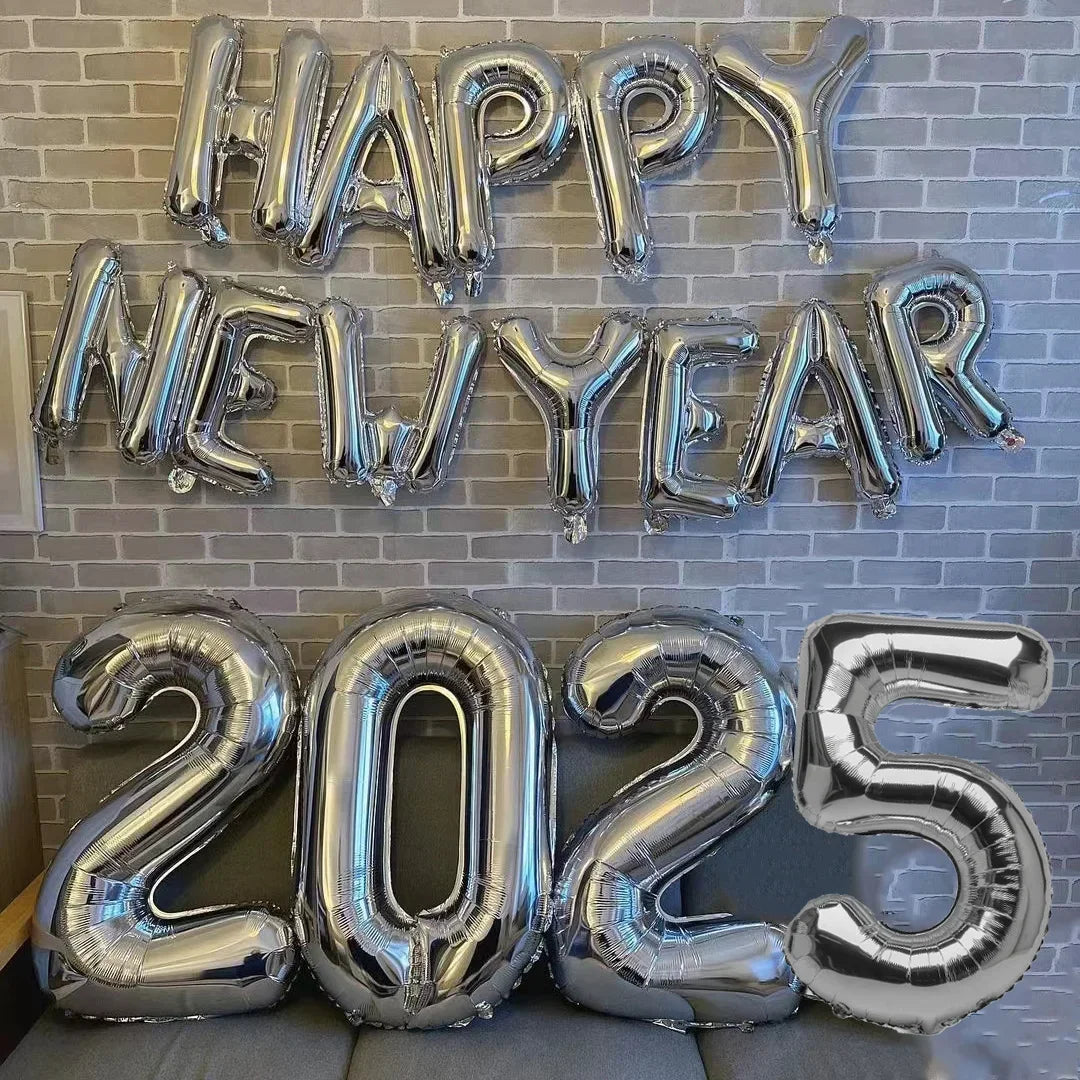 2025 Happy New Year Balloons Banner Rose Gold Number Letter Aluminum Foil