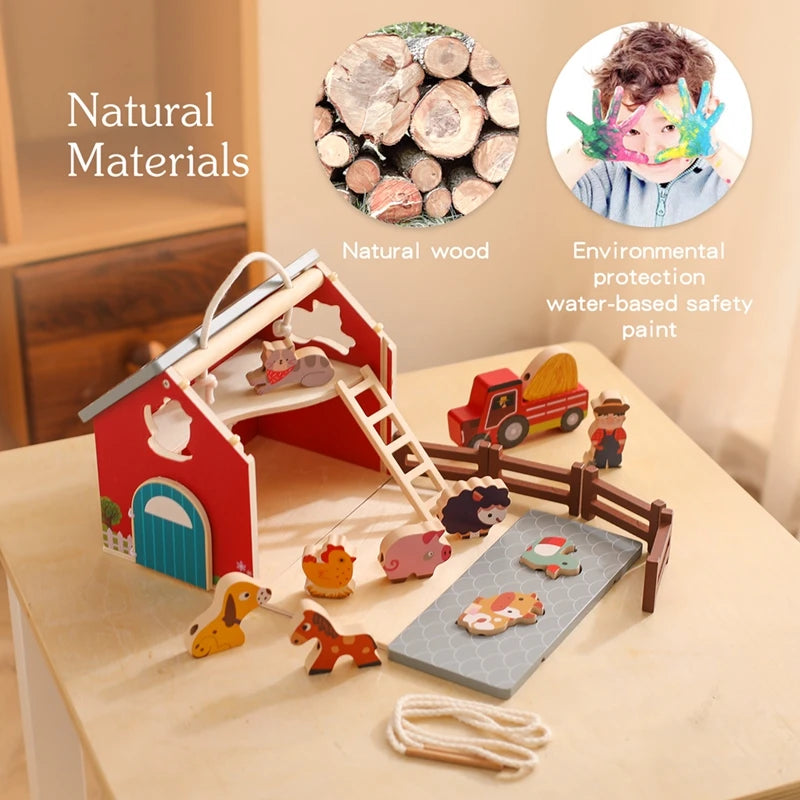 Wooden Simulated Farm Setting Scene Toys  Baby Thread Toy