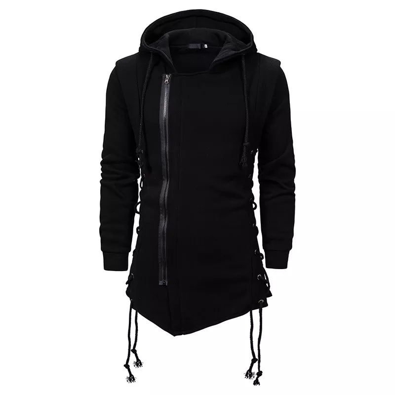 Black Long Hoodie Men 2023 New Fashion Bandage Zipper Mens Hoodies Sweatshirts