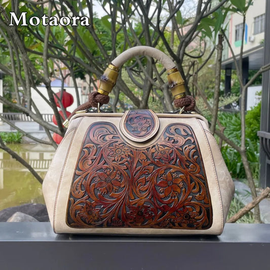 MOTAORA Luxury Handmade Women Shoulder Bag Vintage Carved Leather Women's Bag