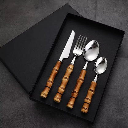 Natural Wooden Handle Spoon Fork Knife Flatware Set 304 Stainless Steel Cutlery