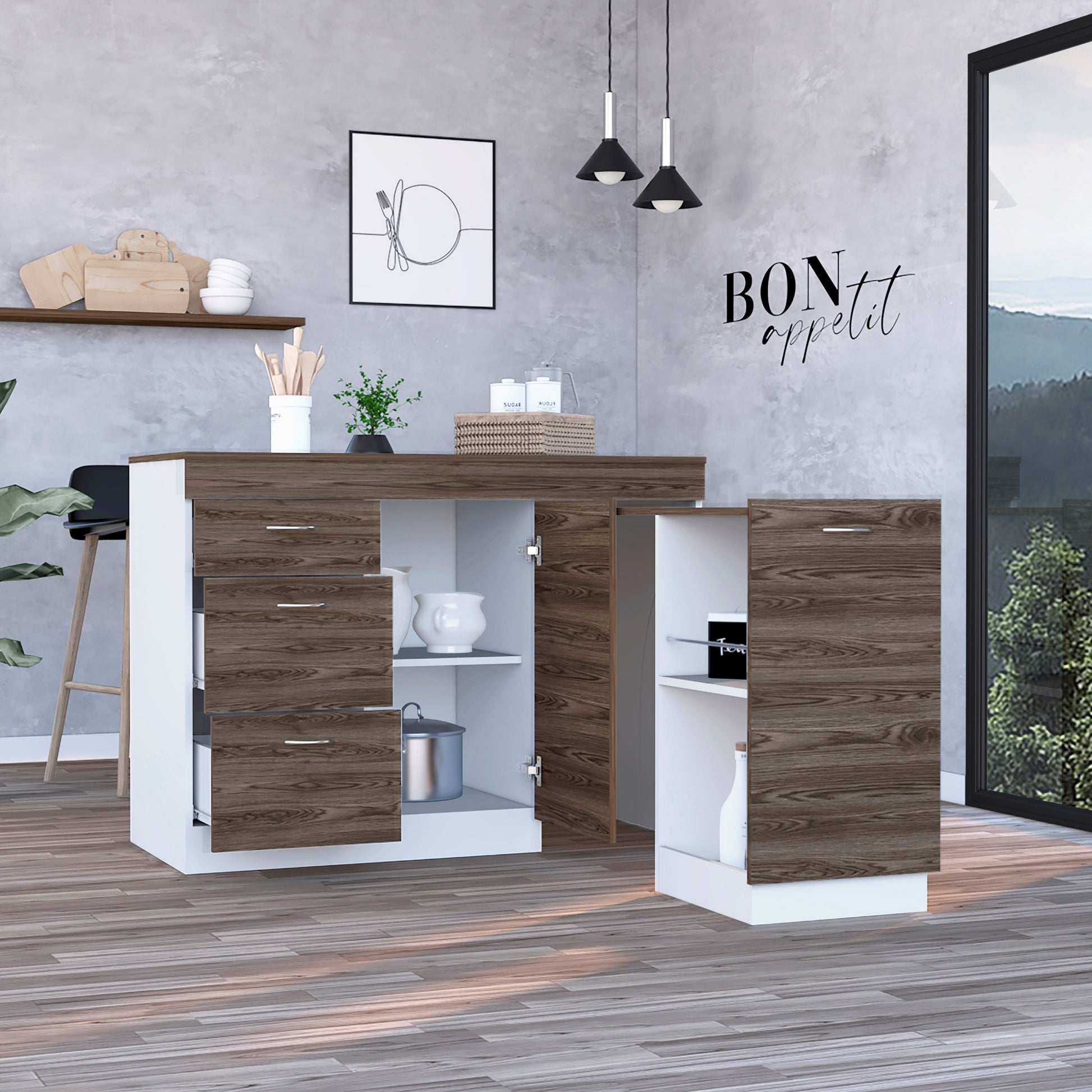 Kitchen Island Metask, Kitchen Room, White / Dark Walnut