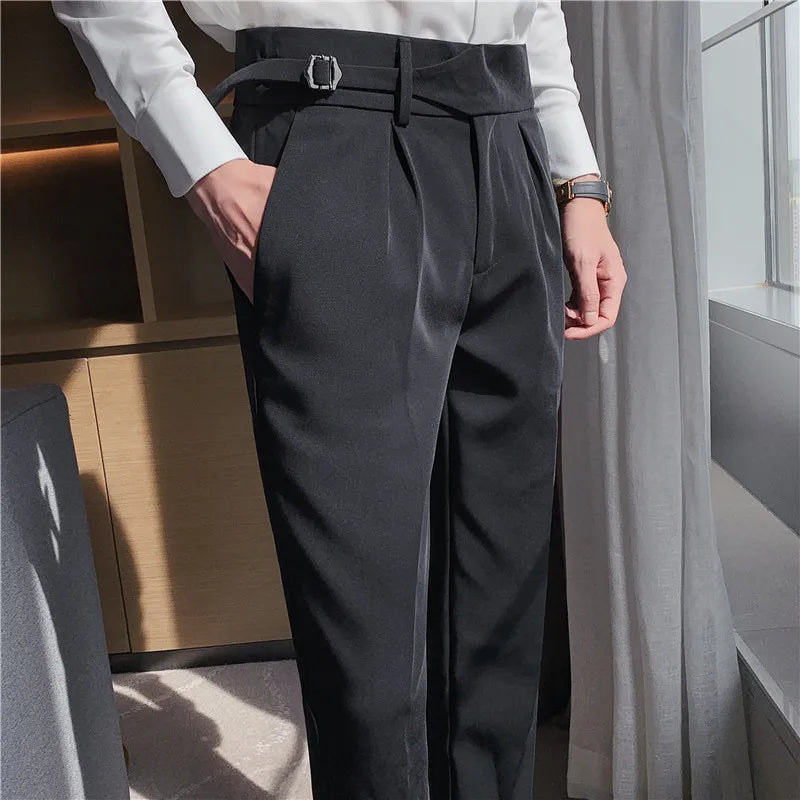 British Style Men Business Casual Dress Pants Men Belt Design Slim Trousers