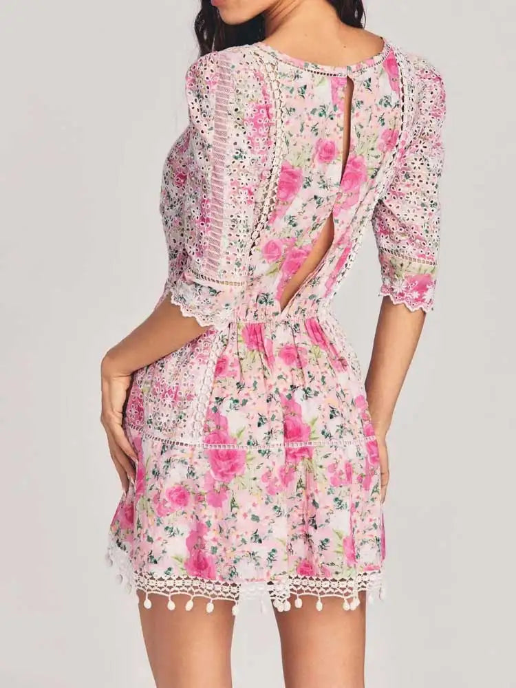 Boho Inspired Pink Floral Cotton Mini Dress Women