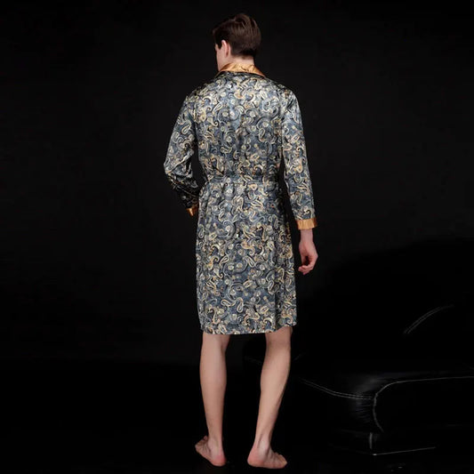 Mens Summer Paisley Print Silk Robes Male Senior Satin Sleepwear Pajamas Long