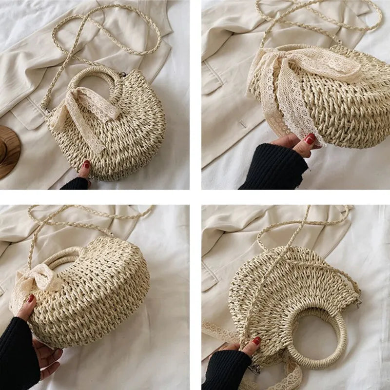 DikizFly Rattan Woven Straw Bag Women Weaving Summer Beach Bags Handmade Half