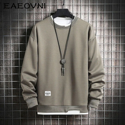 EAEOVNI New Mens Casual Sweatshirts Hoodie Men Fake Two Pieces O-Neck Fashion