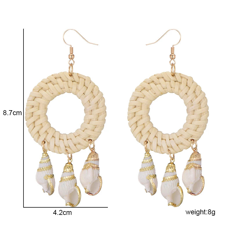 New Beach Sea Natural Shell Charms Bamboo Braid Drop Earrings Bohemian Rattan