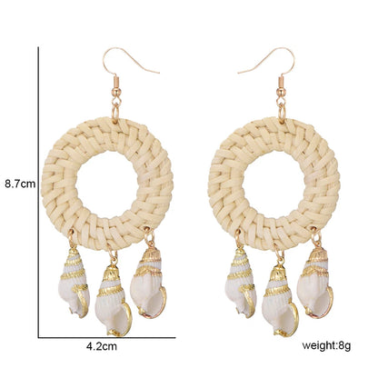 New Beach Sea Natural Shell Charms Bamboo Braid Drop Earrings Bohemian Rattan