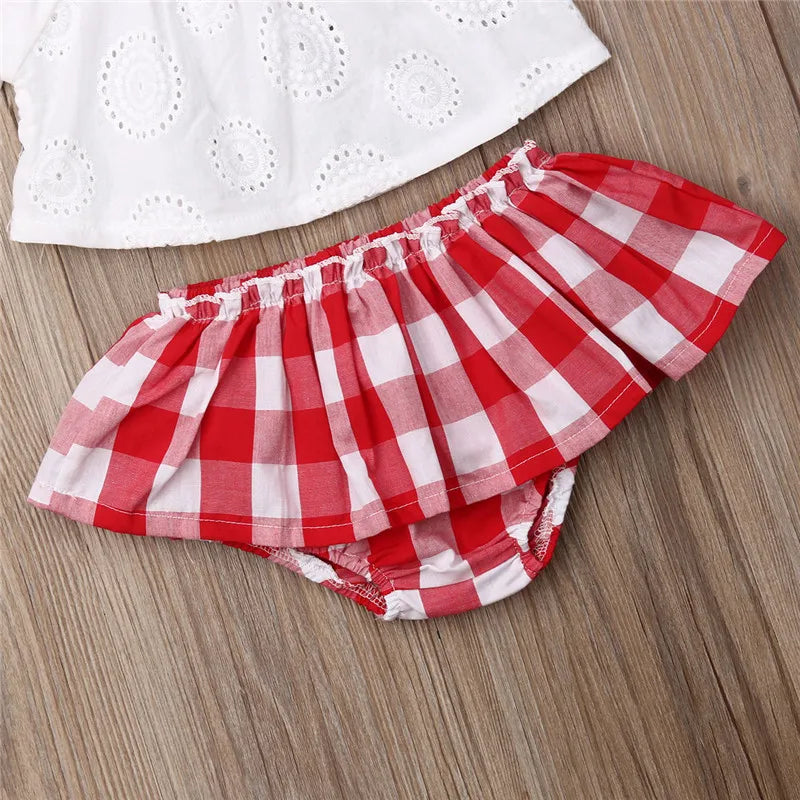 0-24m 3pcs Baby Girls Clothes Set Solid White Off Shoulder Shirt Tops Red Plaid