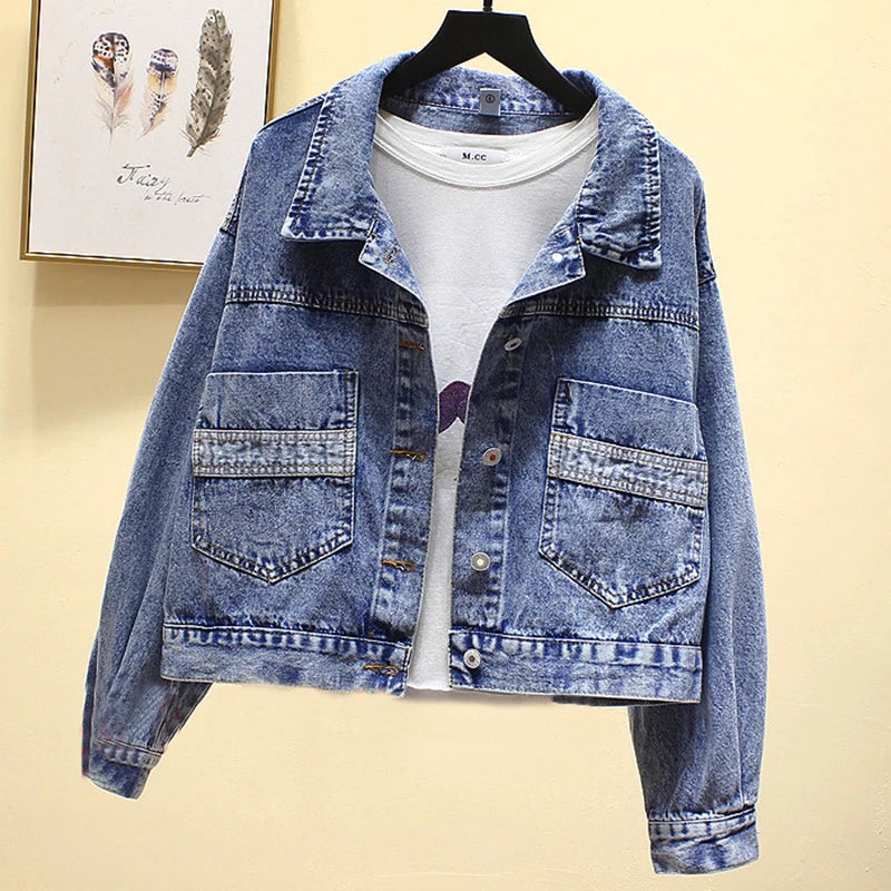 Women Denim Bomber Long Sleeve Jaqueta Tops Loose Vintage Jacket