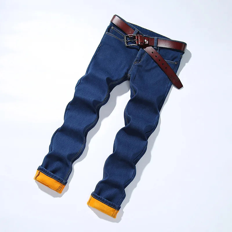 Winter Jeans Men Blue Color Slim Fit Stretch Thick Velvet Pants Warm