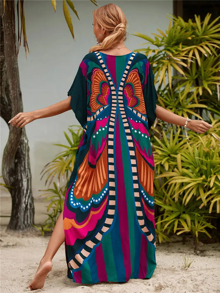 2023 Multicolored Kaftan Bohemian Printed V-Neck Batwing