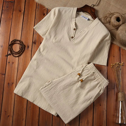 (Shirt + Shorts) 2021 Summer Fashion Men Shirt Cotton and Linen