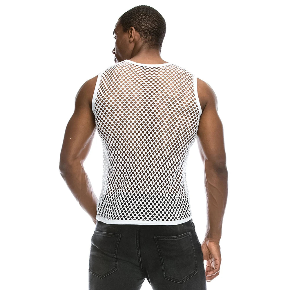 Mens See Through Black Mesh Fishnet Tanks Top Sleeveless Fitted Top Tees