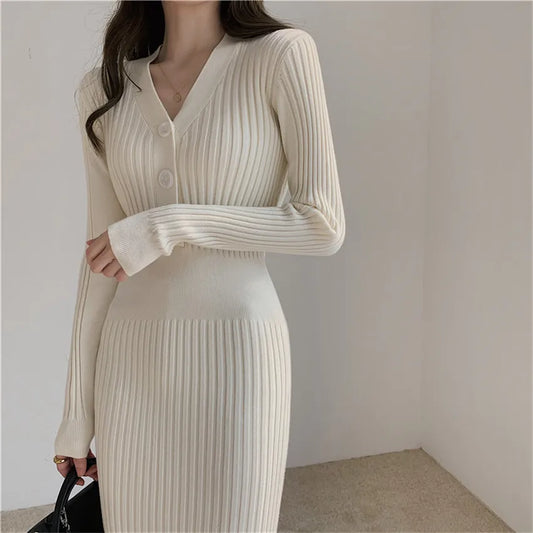 Woman's Knitted Autumn Winter Clothes V-Neck Women Sweater Dress Korean Fashion