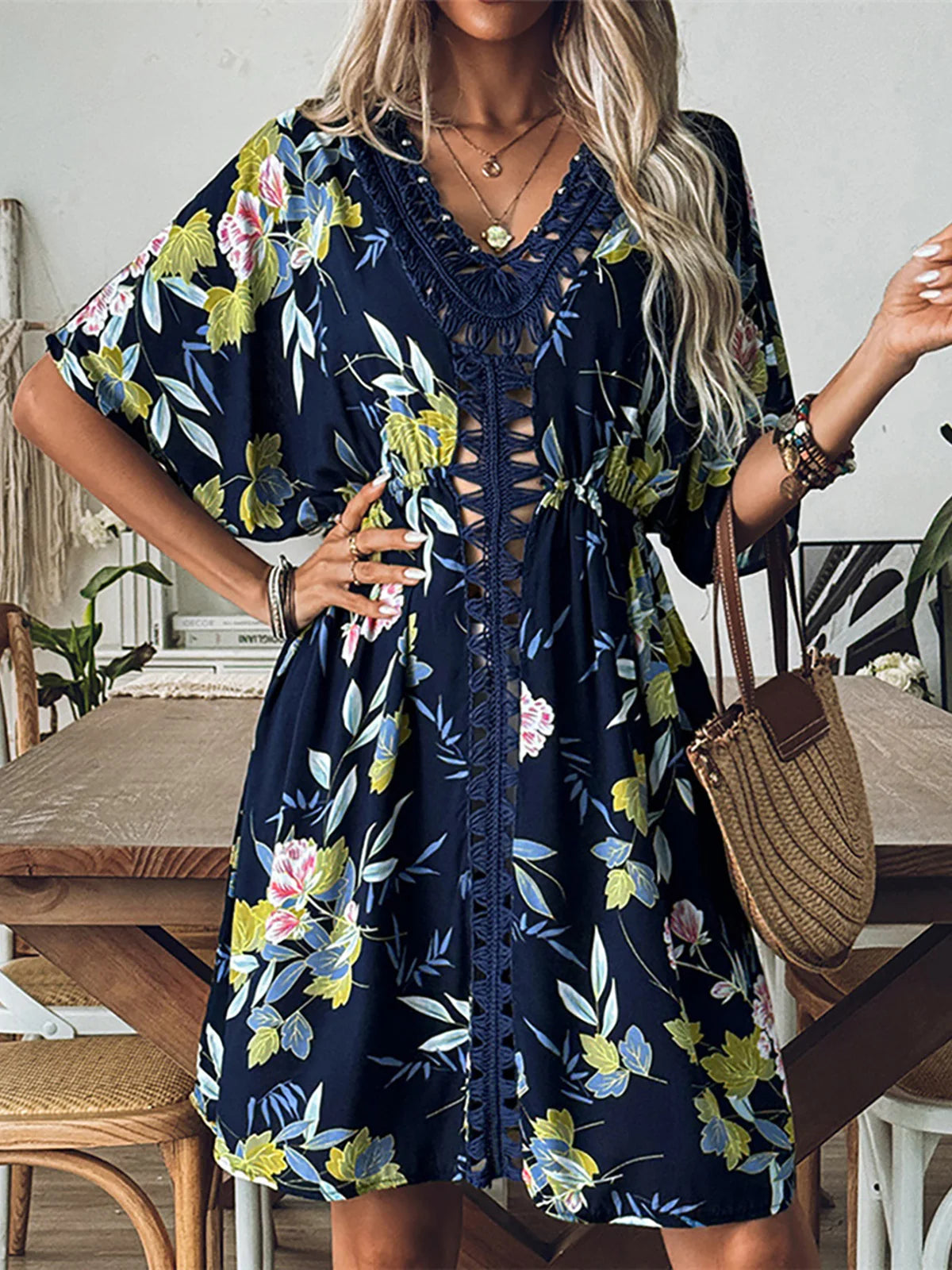 Flowers Printed Half Sleeve Crochet Knitted Tunic Beach Cover Up