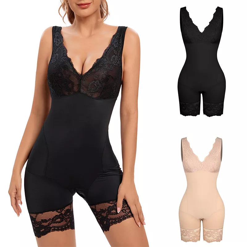 Women Full Body Shapewear Sexy v Neck Bodysuit Slimming Belly Lace Patchwork