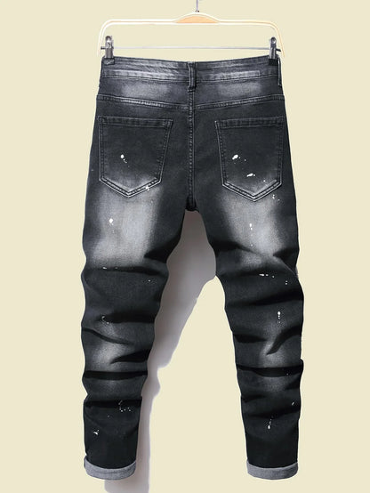 Men Black Skinny Denim Spot Jeans Male Ripped Stretch Fit Jeans Men Slim