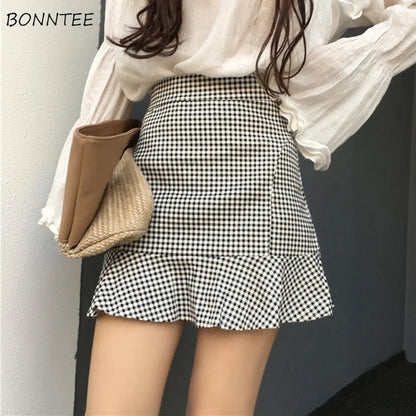 Skirts Women Plaid Trumpet High Waist Mini Skirt Retro Korean Style