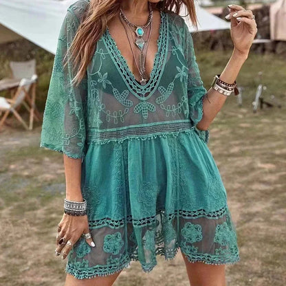 Boho Inspired 2023 Bikini Cover-Ups Tunic Sexy V-Neck Half Sleeve Summer