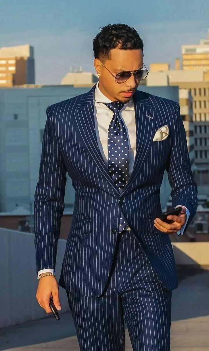 2pc Jacket+Pants Mens Suits With Pants Stripe Men's Blazer Slim