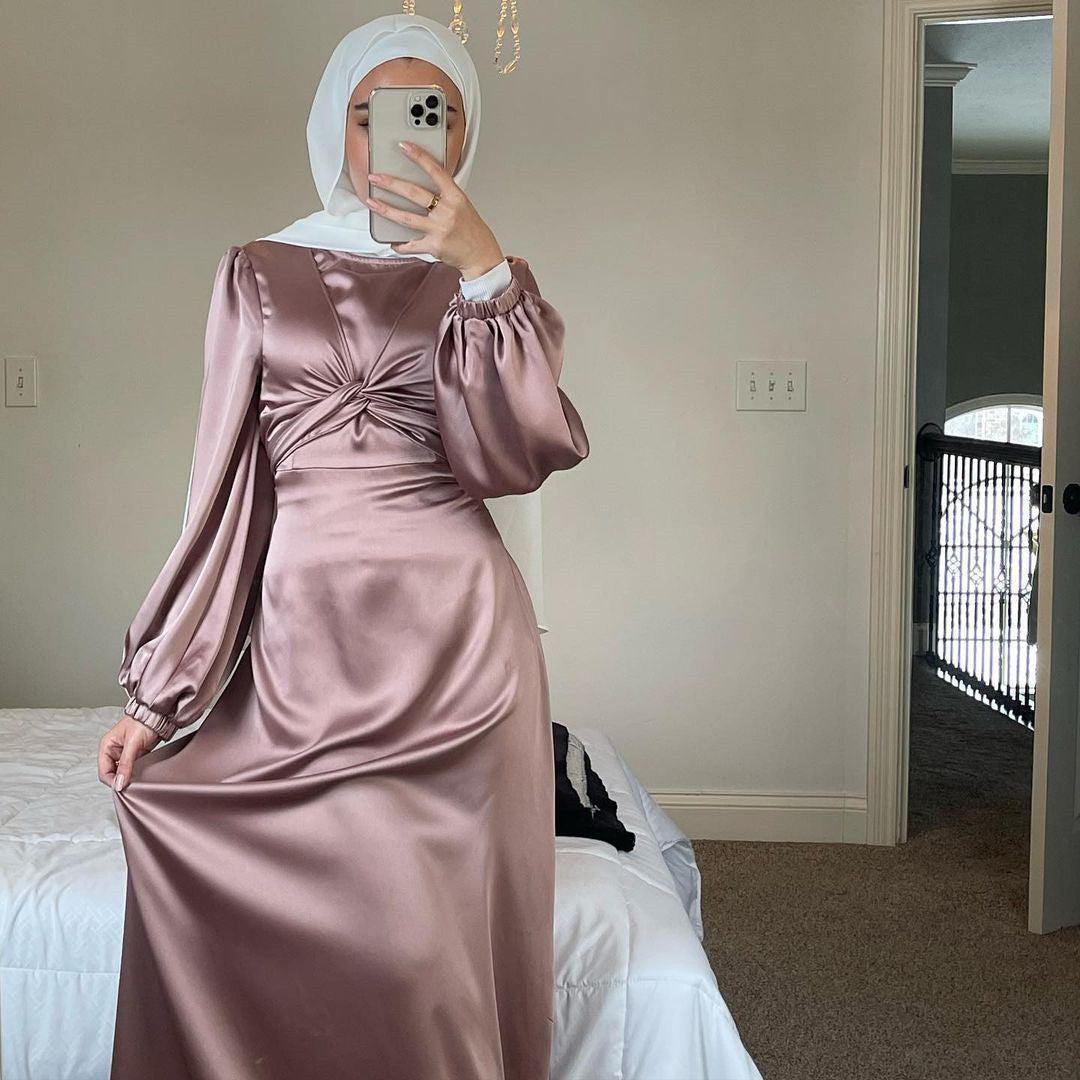 Muslim Women Solid Color Long Sleeve Long Maxi Dress Spring