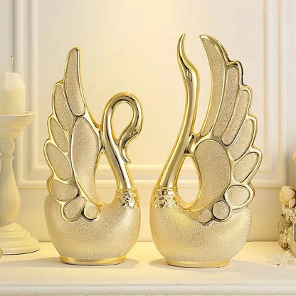 2PCS Gold Swan Lovers Home Decor Ceramic Crafts Porcelain Animal