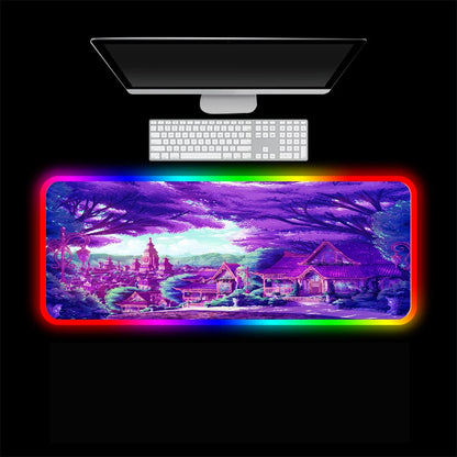 Purple Background Anime City Gaming Mouse Pad RGB Laptop With USB Luminous LED