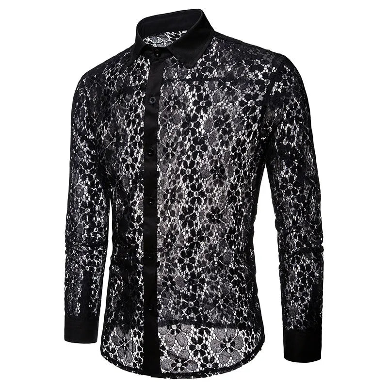 Mens Flower Patchwork Embroidery Lace Shirt Fashion Transparent Shirts