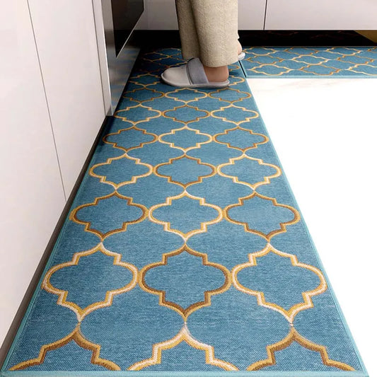 Anti-Slip Kitchen Floor Mat Blue Lattice Rug Bath Long Strip Absorption Doormat